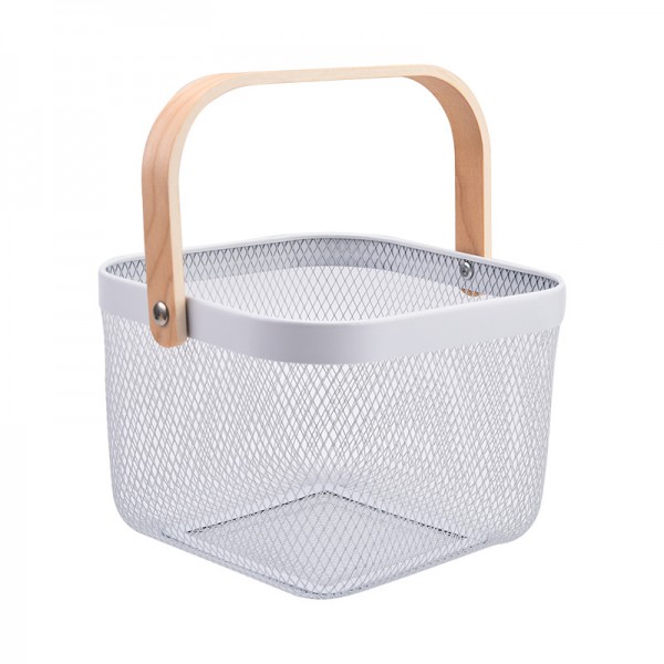 Nordic Iron Handheld Storage Basket With Wooden Handle Fruit And Vegetable Basket Home Hollow Storage Basket Kitchen Drain Basket